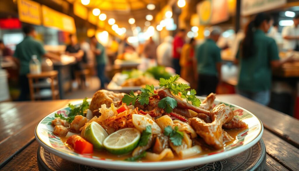 A beautifully arranged plate of authentic Surabaya cuisine, showcasing a vibrant mix of traditional dishes such as Soto Surabaya, rawon, and ayam penyet. In the foreground, a colorful plate garnished with fresh herbs and slices of lime, steaming with aromatic spices. The middle layer features a rustic wooden table adorned with delicate traditional batik fabric, enhancing the cultural essence. In the background, softly blurred, the setting shows a bustling street market in Surabaya with vendors and customers immersed in a culinary experience under warm, golden lighting, evoking a sense of lively atmosphere. The mood is inviting and appetizing, capturing the essence of Surabaya's rich culinary heritage. Use a shallow depth of field to focus on the dishes while keeping the background lively yet unobtrusive.