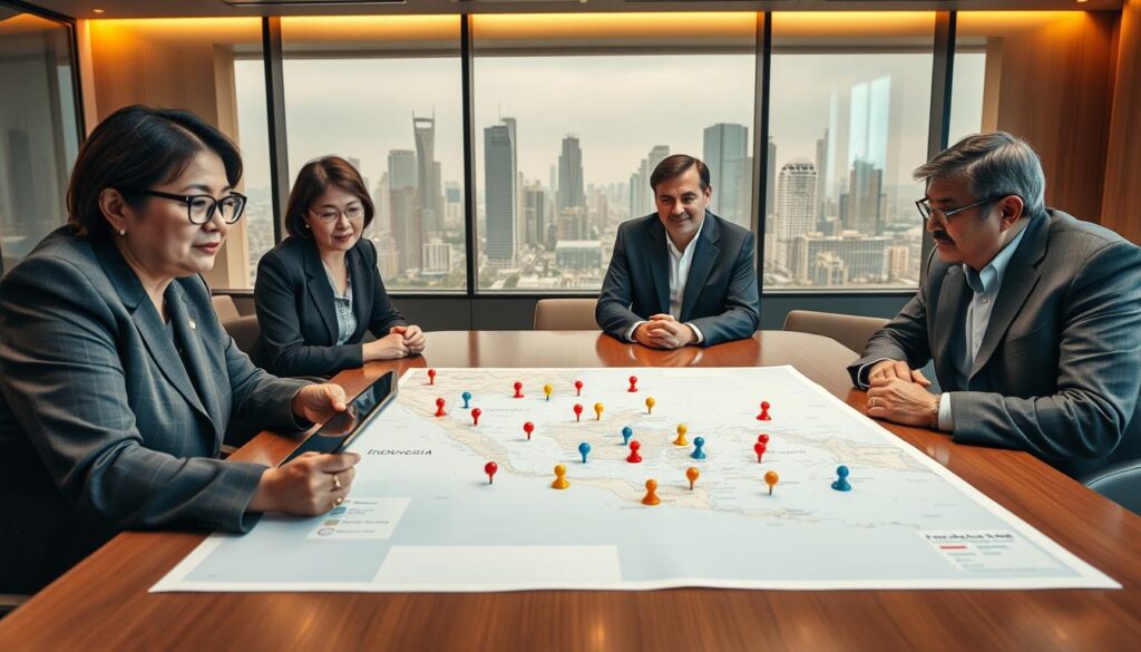 A diverse group of political leaders gathered around a large conference table, engaged in a strategic discussion about coalition-building and policy-making. The foreground features three figures: a middle-aged woman with glasses in a tailored suit, a young male politician holding a tablet, and an older man with a thoughtful expression, wearing a formal blazer. In the middle of the scene, a large map of Indonesia is spread across the table, with colorful pins marking different regions. The background shows a modern office with warm lighting, highlighting a wall of windows showcasing a city skyline. The mood is focused and collaborative, emphasizing teamwork and unity in political discourse. The image is captured from a slightly elevated angle to convey a sense of inclusiveness in the decision-making process.