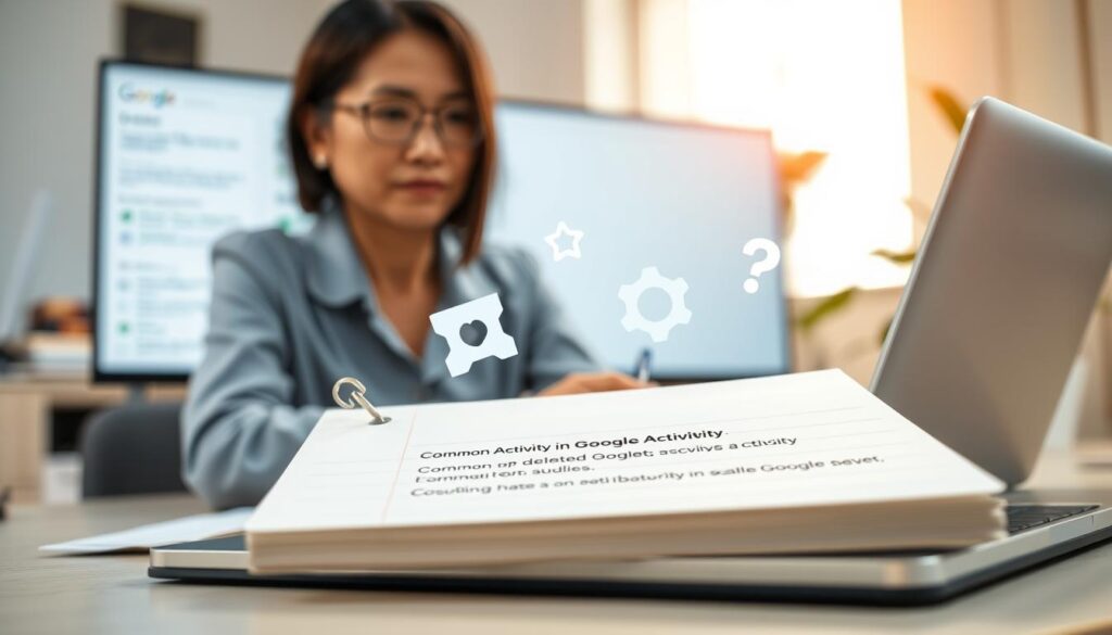 A focused workspace featuring a computer screen displaying the Google Activity page, with a person in professional attire, a middle-aged Asian woman, looking thoughtfully at the screen while taking notes. In the foreground, a close-up of a notepad with bullet points about common issues in deleting Google activity. In the middle, subtle icons symbolizing troubleshooting tools—like a wrench and a question mark—floating around the screen. The background is a softly blurred office environment, with warm lighting creating a calm and professional atmosphere. An inviting laptop rests on a clean desk, and a plant softly enhances the tranquility of the scene, emphasizing the theme of problem-solving and clarity in digital maintenance.