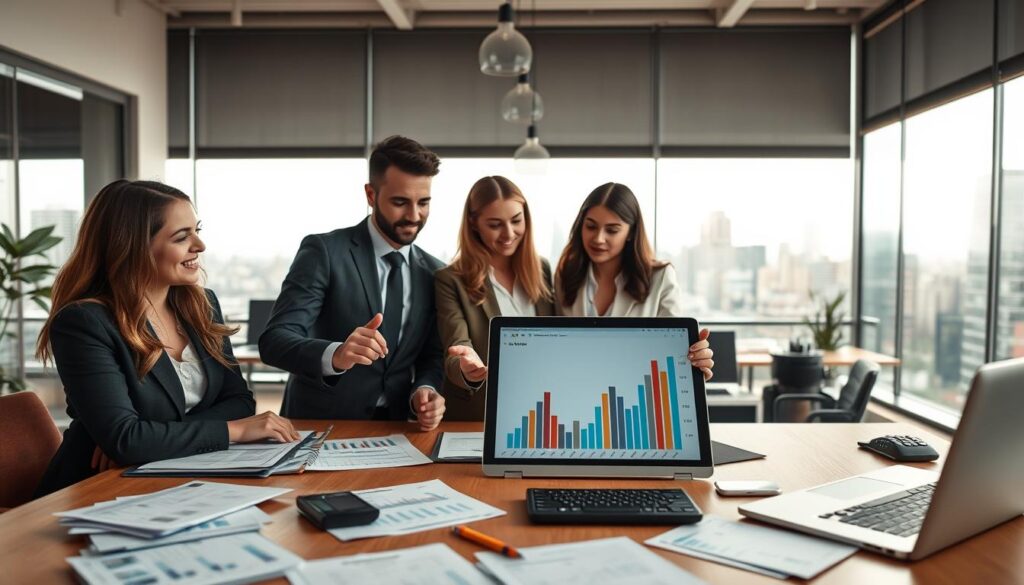 A modern workspace depicting financial management for online businesses. In the foreground, a diverse group of professionals in business attire is engaged in discussing financial charts on a digital tablet, showcasing graphs with upward trends. In the middle, a sleek wooden desk cluttered with financial documents, a laptop, and a calculator reveals the complexity of managing finances. The background features a large window with a view of a bustling cityscape, striking a balance between professionalism and an inspiring entrepreneurial atmosphere. Soft, natural lighting streams in, creating a warm, inviting mood. The camera angle is slightly above eye level, focusing on the interaction among the team members as they collaborate on budgeting strategies.