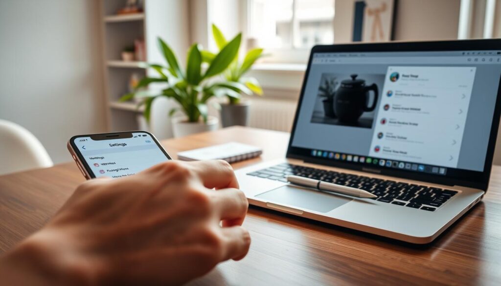 A modern workspace featuring an iPhone and a sleek laptop placed on a wooden desk. In the foreground, a hand is gently swiping across the iPhone screen, showing an open settings app. Nearby, the laptop screen displays a clear interface of web history options, emphasizing a user-friendly design. In the middle ground, soft, natural light streams through a nearby window, highlighting vibrant green plants and a notepad with a pen beside them. The background features a minimalist bookshelf with some books and decorative items. The atmosphere is calm and focused, inviting viewers to learn about digital privacy. The image captures the essence of a practical guide to deleting browsing history in a relatable home office environment.
