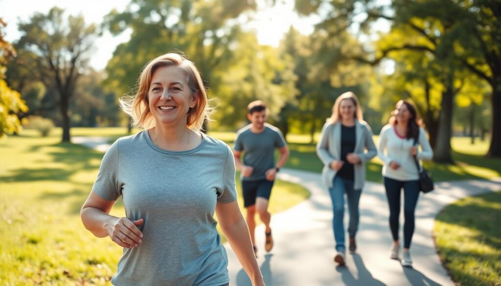 A serene park scene featuring a diverse group of people walking briskly on a sunlit path, emphasizing the theme of daily walking benefits. In the foreground, a middle-aged woman dressed in modest casual athletic wear, smiling as she walks with purpose. In the middle ground, a young couple, also in casual clothing, engages in a friendly conversation while walking; behind them, a group of friends shares a laugh as they stroll together. The background captures lush greenery, trees with dappled sunlight filtering through, creating a sense of tranquility. The scene is bathed in warm, golden hour light, enhancing the inviting atmosphere and portraying a healthy, active lifestyle. The angle of the image is slightly elevated, giving a panoramic view of the vibrant park setting, inspiring a sense of community and wellness.