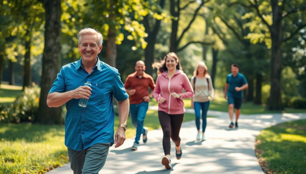A serene, sun-lit park scene depicting a diverse group of people in modest casual clothing, walking briskly on a scenic path surrounded by lush greenery. In the foreground, a middle-aged man with a cheerful smile, wearing a bright blue shirt and comfortable sneakers, is energetically walking with a water bottle in hand. In the middle ground, a woman in a pink hoodie walks alongside a friend, both laughing and enjoying their walk. The background features tall trees and soft sunlight filtering through the leaves, creating a warm and inviting atmosphere. The image conveys a sense of health, vitality, and community, emphasizing the holistic benefits of walking for both body and mind. Soft focus with natural lighting, capturing the joy of active living.