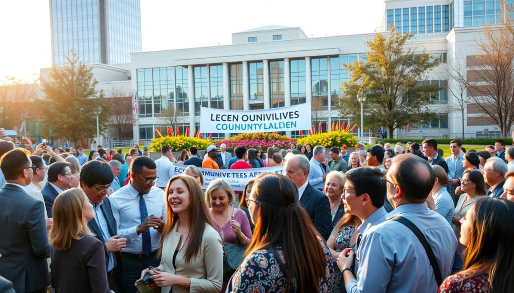 A vibrant city council meeting scene in an outdoor public square, filled with engaged citizens discussing a recent community action. In the foreground, a diverse group of people in professional business attire and modest casual clothing passionately converses, showcasing various expressions of enthusiasm and concern. The middle ground features a large banner promoting community involvement, colorful flora, and a bustling crowd taking photos and sharing opinions. In the background, a modern government building stands, symbolizing transparency and accessibility. Soft, natural lighting enhances the scene, with a warm golden hue suggesting an inviting atmosphere. The angle should be slightly elevated, capturing both the people in action and the significance of the local government presence, evoking a sense of civic pride and responsibility.