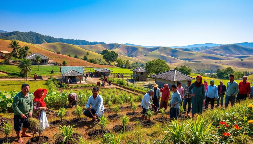 A vibrant rural landscape showcasing a positive community development program in Desa Karangsari. In the foreground, a diverse group of villagers in modest casual clothing are engaged in collaborative activities, such as planting trees and building small infrastructure. The middle ground features newly constructed village facilities, like a community center and gardens, surrounded by lush greenery and colorful flowers. In the background, rolling hills under a clear blue sky create a serene atmosphere. Soft, warm sunlight bathes the scene, emphasizing the villagers' joyful expressions and the sense of unity. Capture this scene from a slightly elevated angle to provide depth, highlighting the community's dedication and the positive impact of their viral actions.