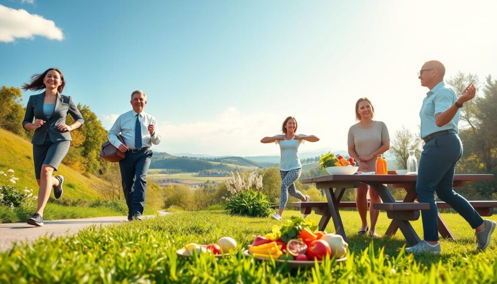 A vibrant scene depicting the benefits of a healthy lifestyle. In the foreground, a diverse group of adults of varying ages, dressed in professional business attire and modest casual clothing, engage in activities that symbolize health: one is jogging on a scenic path, another is practicing yoga in a serene park, and a third is preparing a colorful plate of fresh fruits and vegetables at a picnic table. The middle ground features lush greenery, blossoming flowers, and a clear blue sky, conveying a sense of vitality and well-being. The background showcases a peaceful landscape with rolling hills and sunlight filtering through trees, creating a warm and inviting atmosphere. The overall mood is positive and inspiring, emphasizing the extraordinary benefits of adopting a healthy lifestyle.