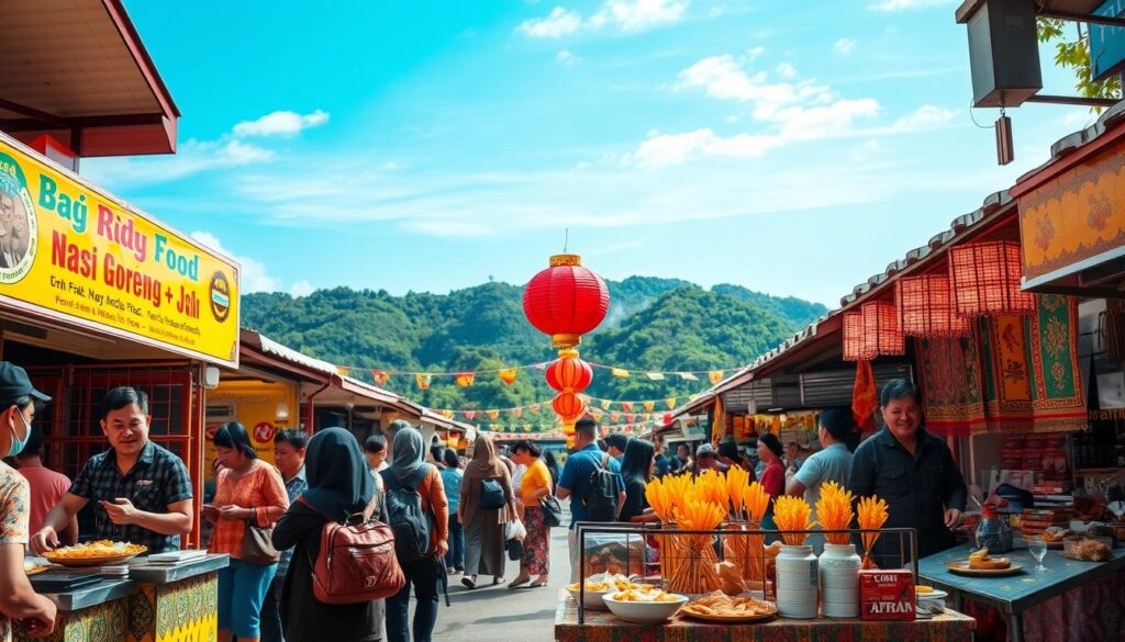 A vibrant street food scene in Bandung and Yogyakarta, showcasing a bustling marketplace filled with colorful food stalls. In the foreground, a cheerful vendor serves traditional dishes like Nasi Goreng and Satay, while customers of diverse backgrounds enjoy their meals at small tables adorned with local snacks. The middle section features cultural decorations, like batik patterns and ornamental lanterns, creating an inviting atmosphere. The background highlights lush green hills under a bright blue sky, suggesting a lively outdoor dining experience. Soft natural lighting enhances the warm ambiance, creating a sense of community and joy. The lens captures the scene from a slightly elevated angle, immersing viewers in the rich culinary culture of these two iconic Indonesian cities.