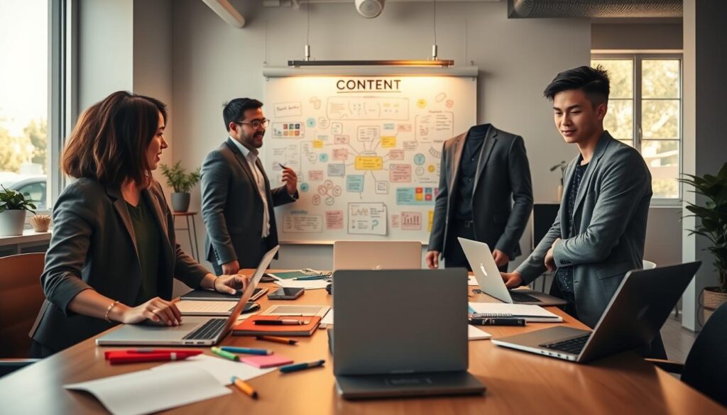 A vibrant workspace scene illustrating high-quality content creation. In the foreground, a diverse group of three professionals—a woman in smart casual attire, a man in a well-fitted blazer, and a young adult in a stylish but professional outfit—are collaborating around a modern table covered with laptops, notebooks, and creative materials. The middle ground features a large whiteboard filled with colorful mind maps and content ideas, hinting at brainstorming sessions. In the background, large windows let in warm, natural light, creating a bright and inviting atmosphere. Soft shadows enhance the depth, while a lens effect captures a slight blur on the peripheral elements, emphasizing the focused teamwork. Overall, the mood is dynamic and inspiring, showcasing innovation and collaboration in content creation.