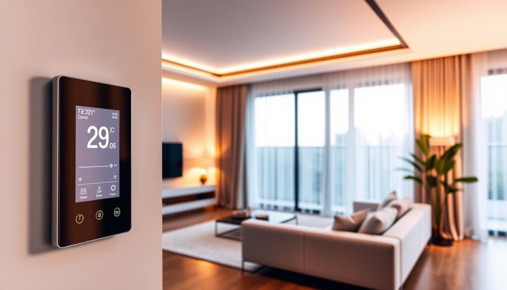 A modern smart home interior showcasing an advanced automatic lighting and temperature control system. In the foreground, a sleek, wall-mounted control panel with a digital interface displays real-time data on temperature and light levels. The middle ground features a stylish living room furnished with minimalist furniture, large windows letting in natural light, and smart LED lighting emitting a soft glow. In the background, elegant curtains gently swaying with a soft breeze, hinting at the room's temperature regulation features. The atmosphere is inviting and serene, captured with warm, natural lighting for a cozy feeling, and shot from a wide-angle perspective to emphasize the harmonious blend of technology and home comfort.